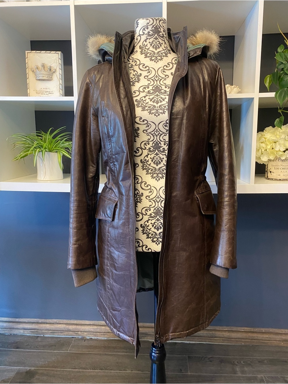 Gorgeous M0851 Dark Brown Leather Hooded Coat with Fur-Trim Fully Insulated XS